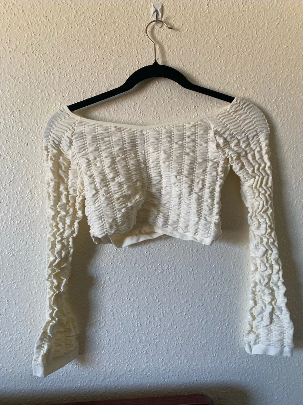Anthropologie Cream Smocked Long-Sleeve Crop Top